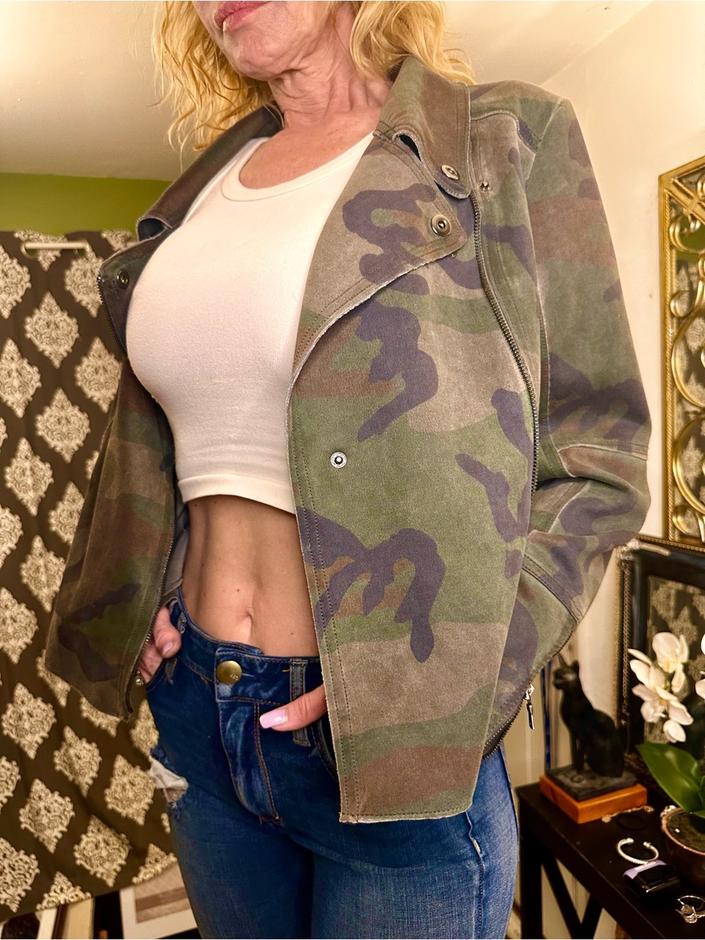Anthropologie Women's Camo Zip-Front Utility Jacket - Olive & Charcoal